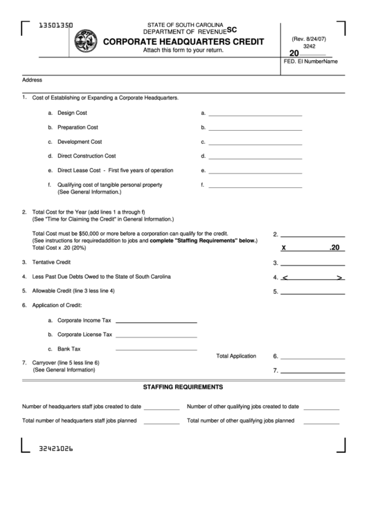 Form Sc Sch.tc 8 - Corporate Headquarters Credit Printable pdf