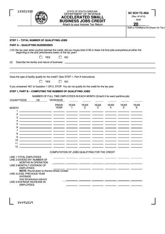 Fillable Form Sc Sch Tc-4sa - Accelerated Small Business Jobs Credit Printable pdf