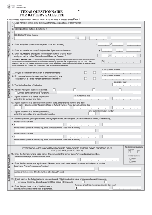 Fillable Form Ap-160 - Texas Questionnaire For Battery Sales Fee Printable pdf