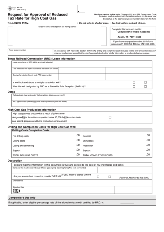 Fillable Form Ap-180 - Request For Approval Of Reduced Tax Rate For High Cost Gas Printable pdf