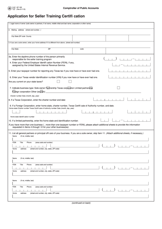 Fillable Form Ap-192 - Application For Seller Training Certification Printable pdf