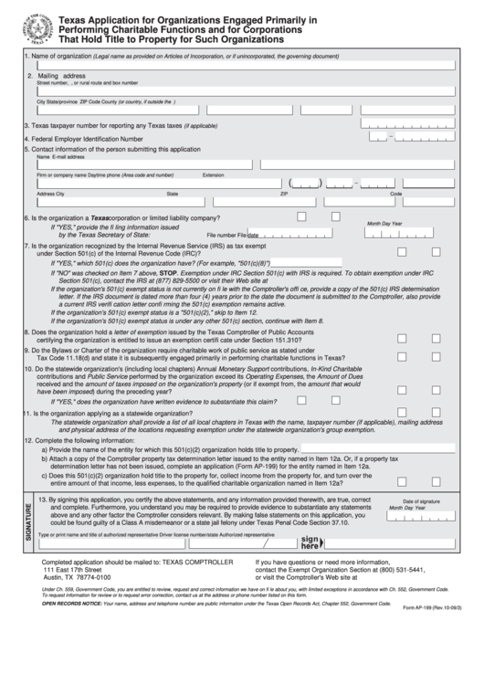 Fillable Form Ap-199 - Texas Application For Organizations Engaged Primarily In Performing Charitable Functions And For Corporations That Hold Title To Property For Such Organizations Printable pdf