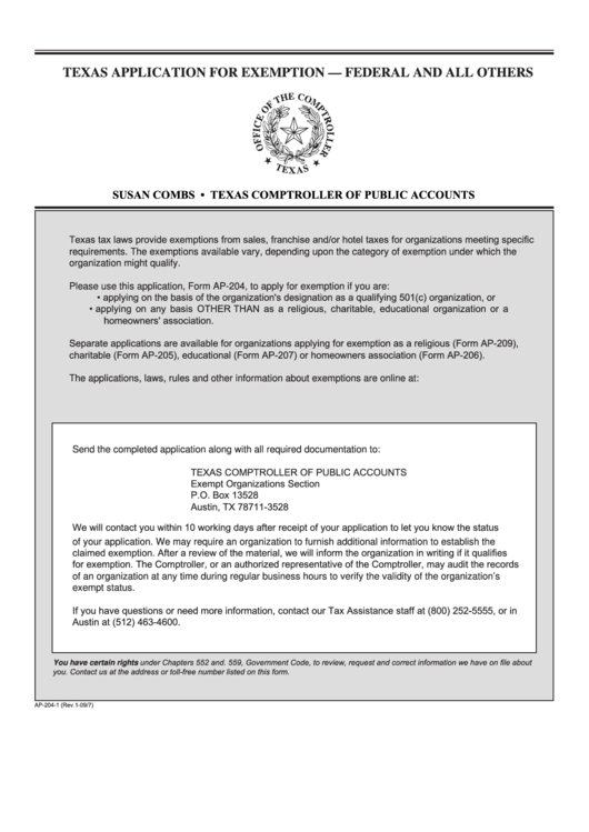 Fillable Form Ap-204 - Texas Application For Exemption - Federal And All Others Printable pdf