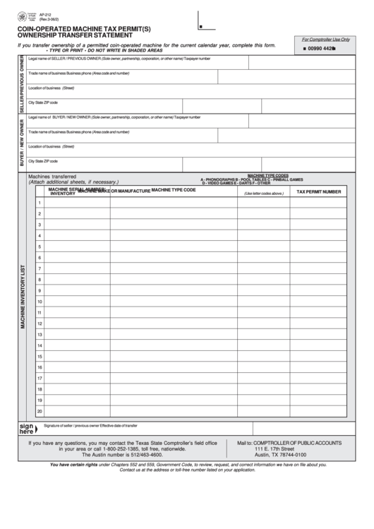 Fillable Form Ap-212 - Coin-Operated Machine Tax Permit(S) Ownership Transfer Statement Printable pdf