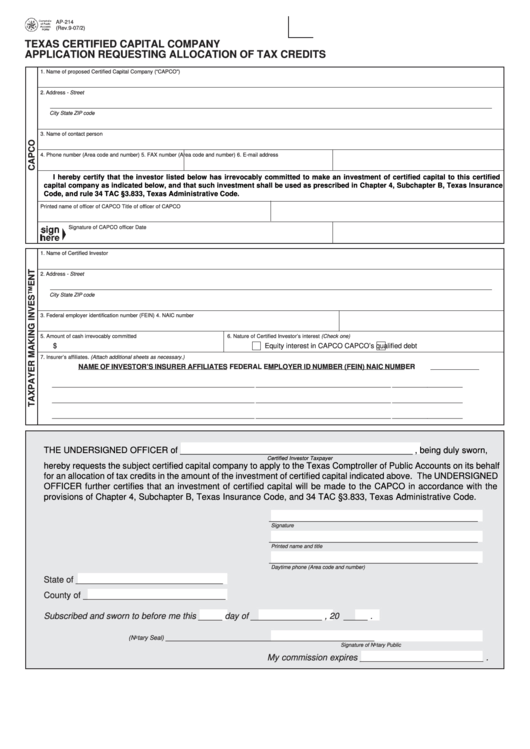 Fillable Form Ap-214 - Texas Certified Capital Company Application Requesting Allocation Of Tax Credits Printable pdf