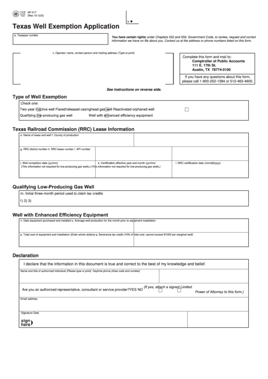 Fillable Form Ap-217 - Texas Well Exemption Application Printable pdf