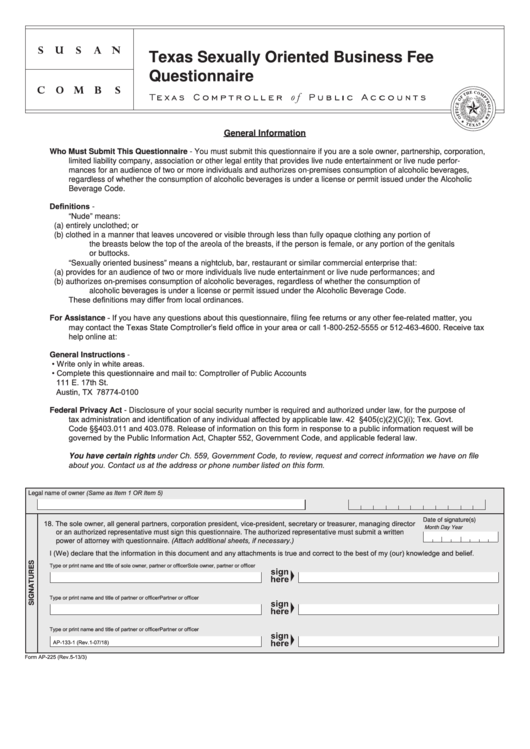 Fillable Form Ap-225 - Texas Sexually Oriented Business Fee Questionnaire Printable pdf