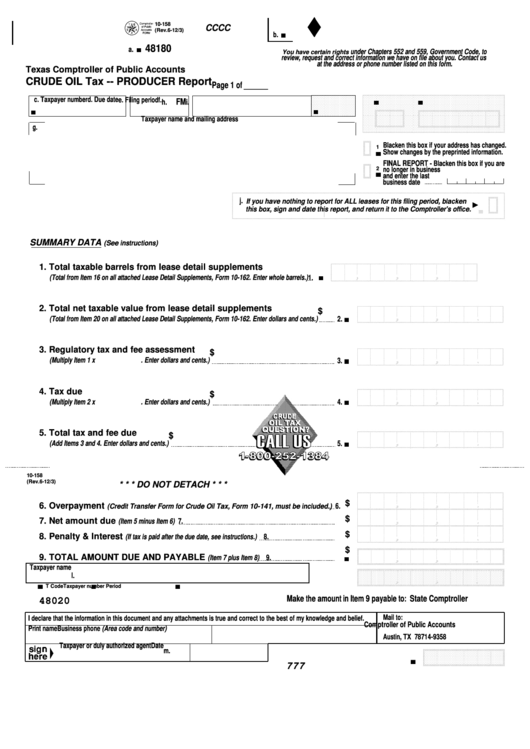 Fillable Form 10-158 - Crude Oil Tax - Producer Report Printable pdf