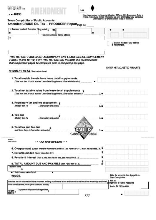 Fillable Form 10-168 - Amended Crude Oil Tax - Producer Report Printable pdf