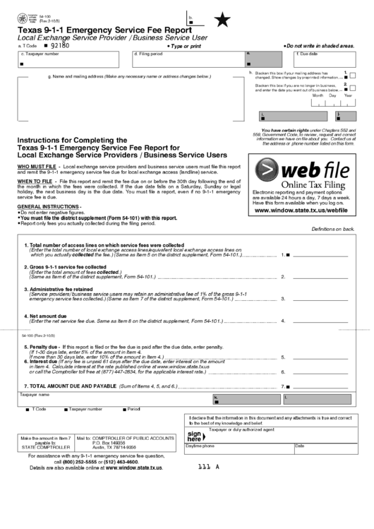 Fillable Form 54-100 - Texas 9-1-1 Emergency Service Fee Report Printable pdf