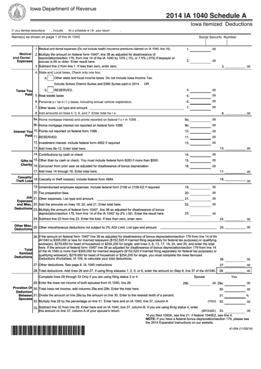 Fillable Schedule A (Form Ia 1040) - Iowa Itemized Deductions - 2014 Printable pdf
