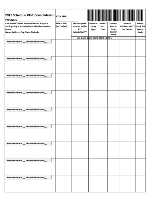 Fillable Schedule Vk-1 Consolidated - 2015 Printable pdf