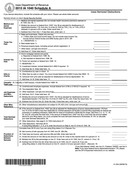 Fillable Schedule A (Form Ia 1040) - Iowa Itemized Deductions - 2015 Printable pdf