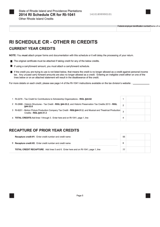 Fillable Ri Schedule Cr (Form Ri-1041) - Other Rhode Island Credits - 2014 Printable pdf