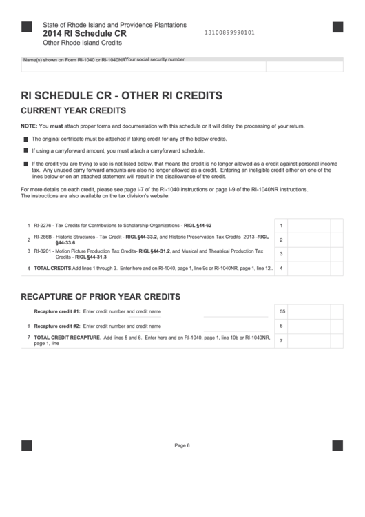 Fillable Ri Schedule Cr - Other Rhode Island Credits - 2014 Printable pdf