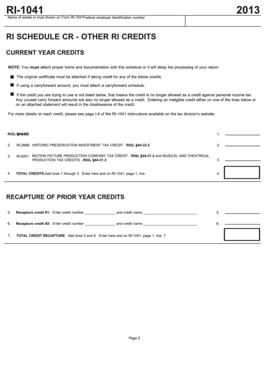 Fillable Ri Schedule Cr (Form Ri-1041) - Other Ri Credits - 2013 Printable pdf