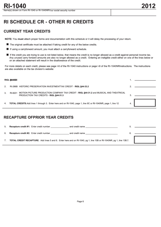 Fillable Ri Schedule Cr (Form Ri-1040) - Other Ri Credits - 2012 Printable pdf