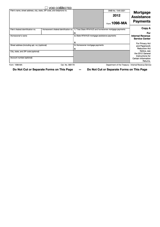 Fillable Form 1098-Ma - Mortgage Assistance Payments - 2012 Printable pdf