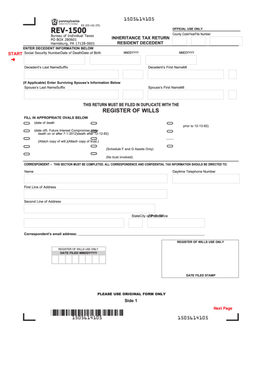 Fillable Form Rev-1500 - Resident Decedent Inheritance Tax Return Printable pdf