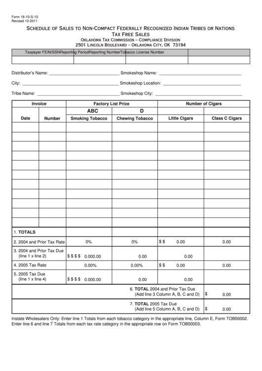 Fillable Form 18-10-S-10 - Schedule Of Sales To Non-Compact Federally Recognized Indian Tribes Or Nations - Tax Free Sales Printable pdf