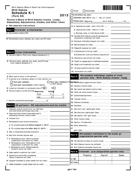 Fillable Schedule K 1 Form 58 Partner S Share Of North Dakota Income Loss Deductions