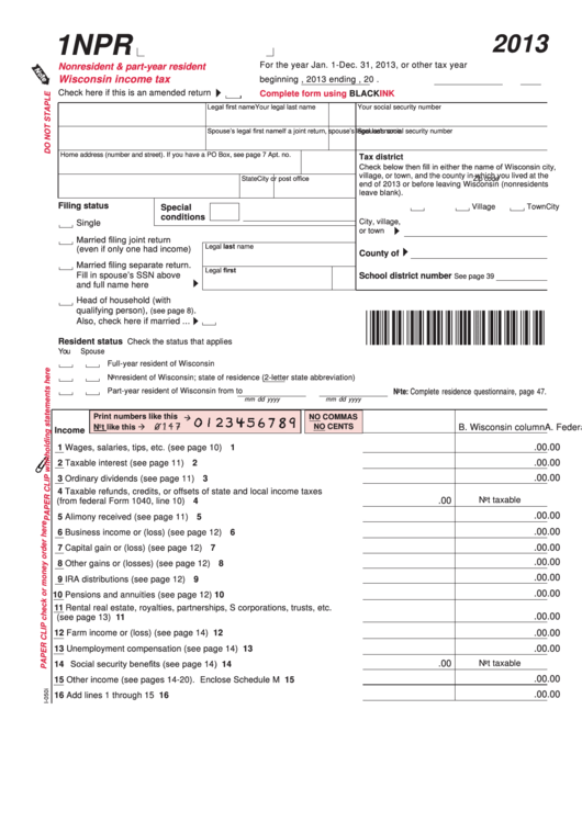 Fillable Form 1npr - Nonresident & Part-Year Resident Wisconsin Income Tax - 2013 Printable pdf