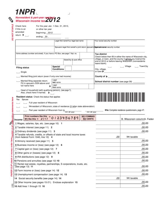 Fillable Form 1npr - Nonresident & Part-Year Resident Wisconsin Income Tax - 2012 Printable pdf