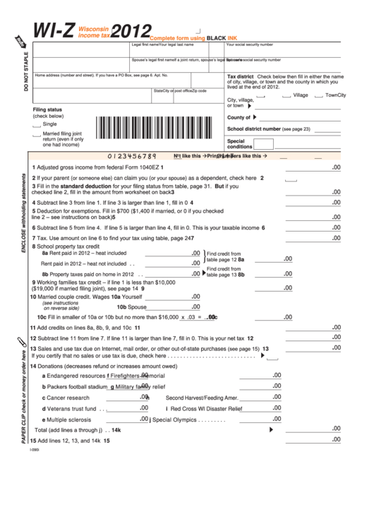 Fillable Form WiZ Wisconsin Tax 2012 printable pdf download