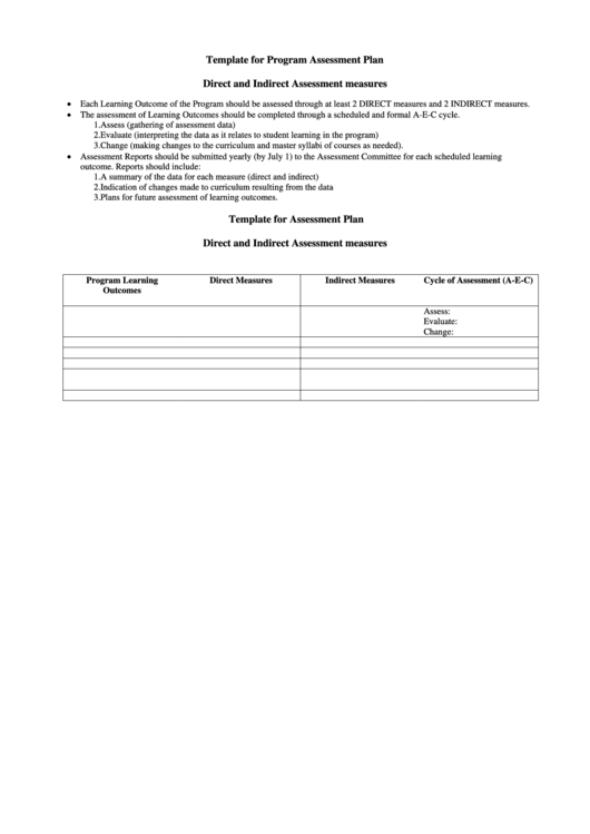 Program Assessment Plan Template Printable pdf