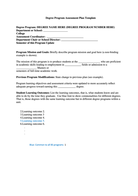 Degree Program Assessment Plan Template Printable pdf