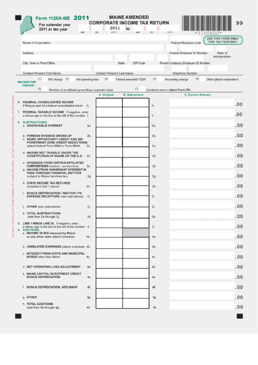 Form 1120x-Me - Maine Amended Corporate Income Tax Return - 2011 Printable pdf