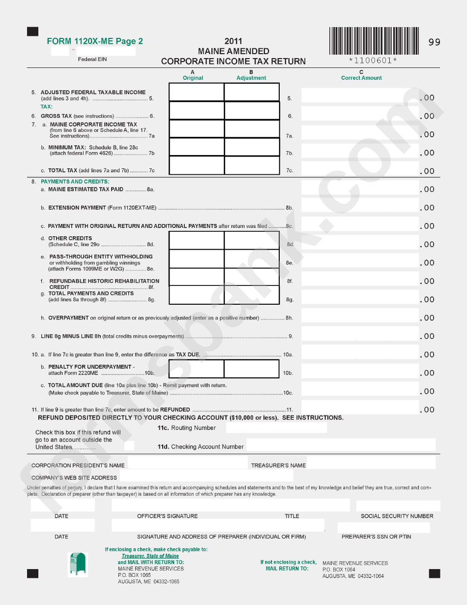 Form 1120x-Me - Maine Amended Corporate Income Tax Return - 2011