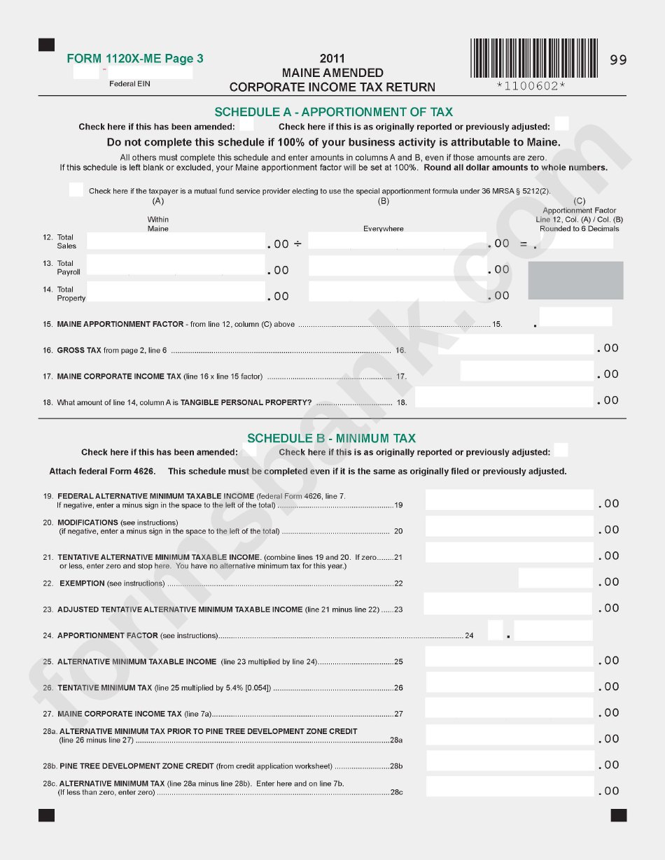 Form 1120x-Me - Maine Amended Corporate Income Tax Return - 2011