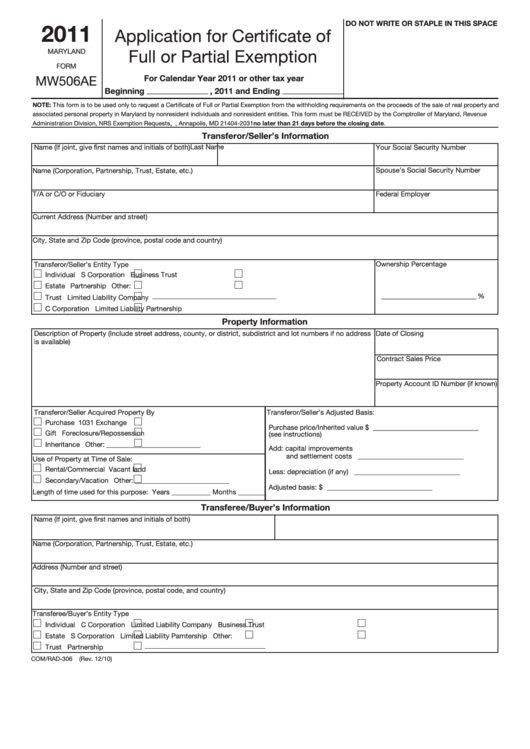 Fillable Maryland Form Mw506ae - Application For Certificate Of Full Or Partial Exemption - 2011 Printable pdf