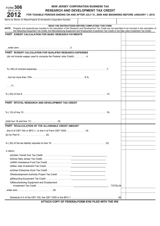 Fillable Form 306 - Research And Development Tax Credit - New Jersey Corporation Business Tax - 2012 Printable pdf