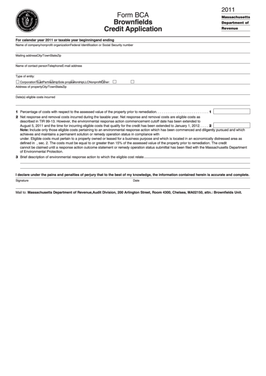 Form Bca - Brownfields Credit Application - 2011 Printable pdf