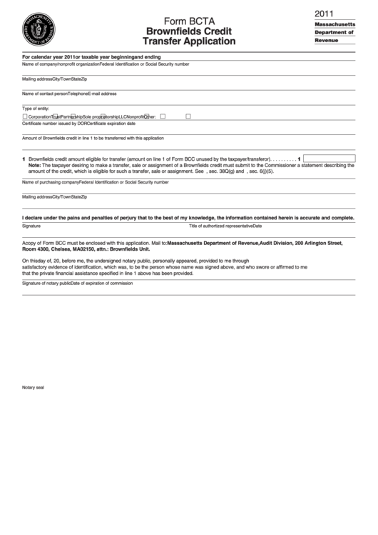 Form Bcta - Brownfields Credit Transfer Application - 2011 Printable pdf
