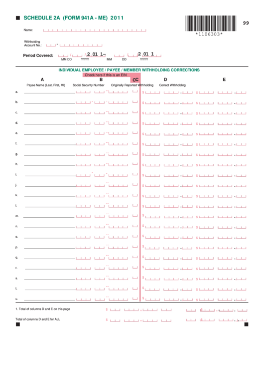 Schedule 2a (form 941a-me) - Individual Employee   Payee   Member 