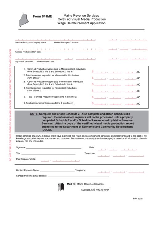 Form 841me - Certified Visual Media Production Wage Reimbursement Application Printable pdf
