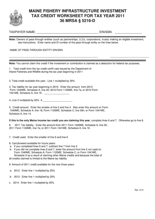 Maine Fishery Infrastructure Investment Tax Credit Worksheet - 2011 Printable pdf
