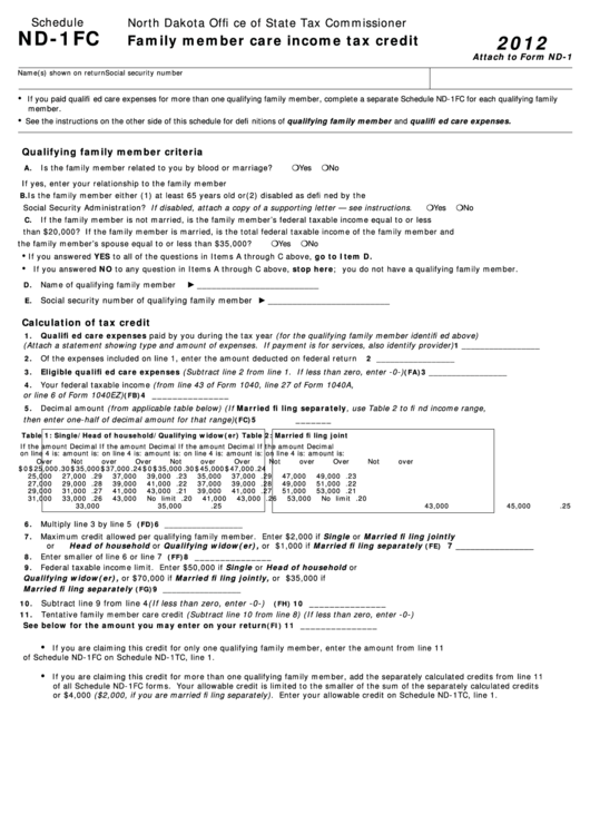 Fillable Shedule Nd-1fc - Family Member Care Income Tax Credit - North Dakota Office Of State Tax Commissioner - 2012 Printable pdf