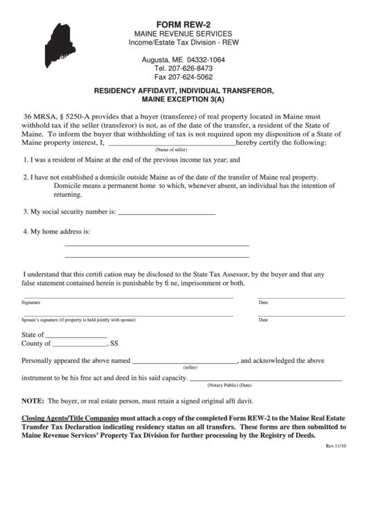Form Rew-2 - Residency Affidavit, Individual Transferor, Maine Exception 3(A) Printable pdf