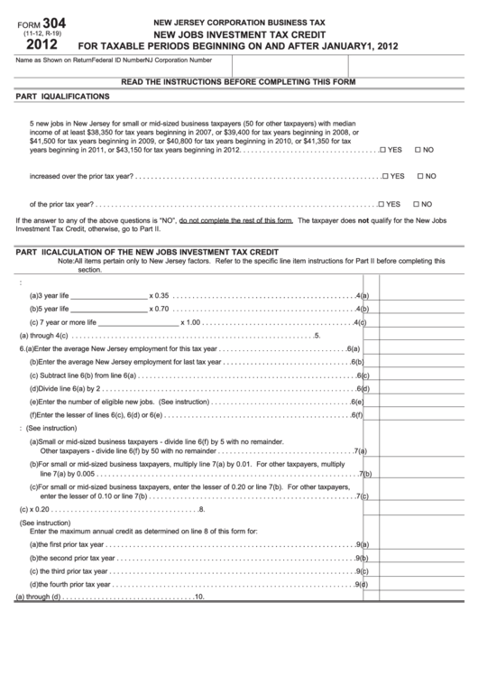 Fillable Form 304 - New Jobs Investment Tax Credit - New Jersey Corporation Business Tax - 2012 Printable pdf