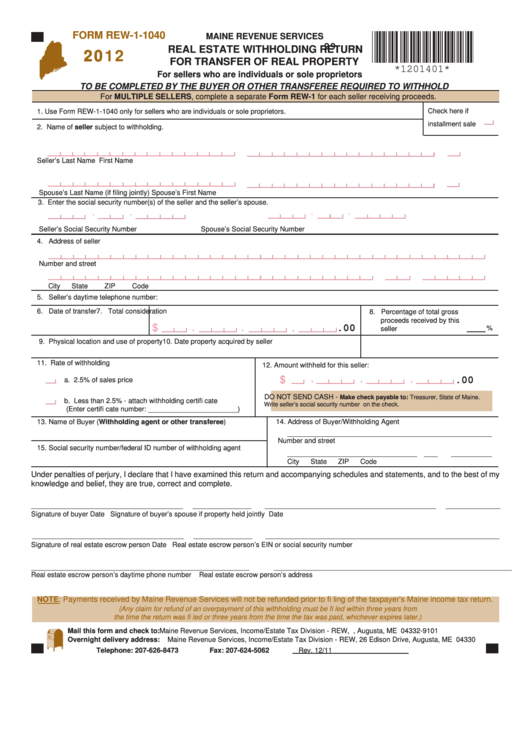 Form Rew-1-1040 - Real Estate Withholding Return For Transfer Of Real Property - 2012 Printable pdf