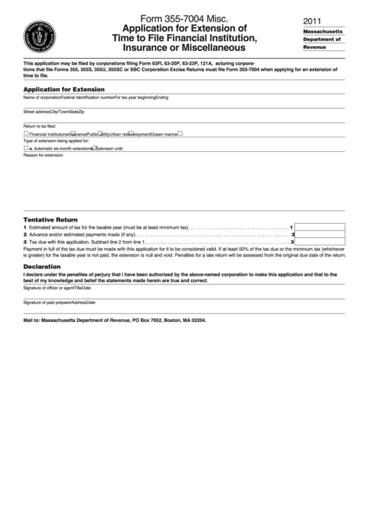 Form 355-7004 Misc. - Application For Extension Of Time To File Financial Institution, Insurance Or Miscellaneous - 2011 Printable pdf