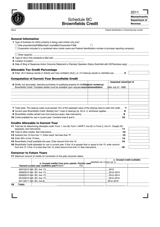Schedule Bc - Brownfields Credit - 2011 Printable pdf