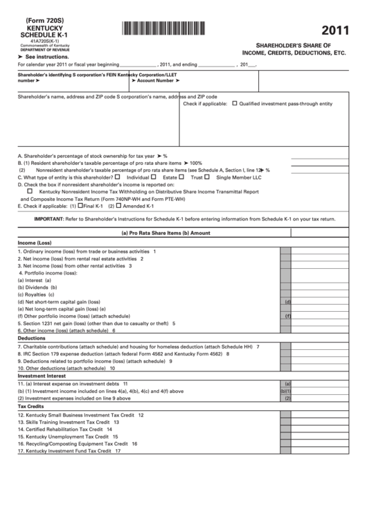 Kentucky Schedule K-1 (Form 720s) - Shareholder