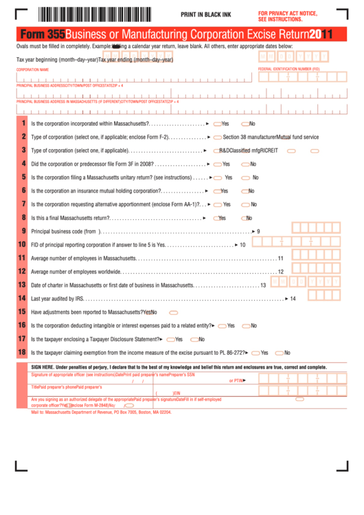 Form 355 - Business Or Manufacturing Corporation Excise Return - 2011 Printable pdf