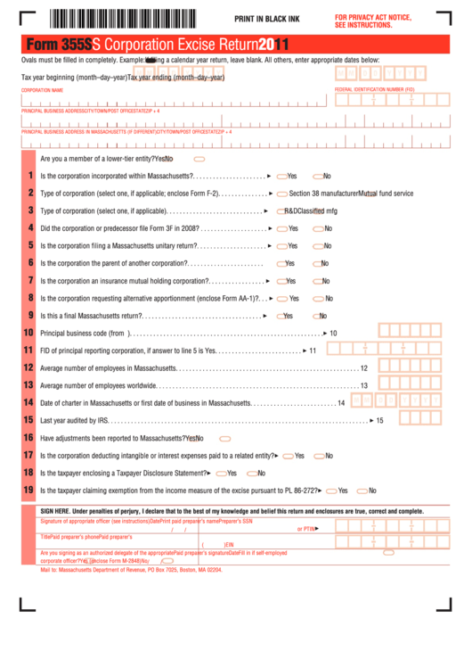Form 355s - S Corporation Excise Return - 2011 Printable pdf