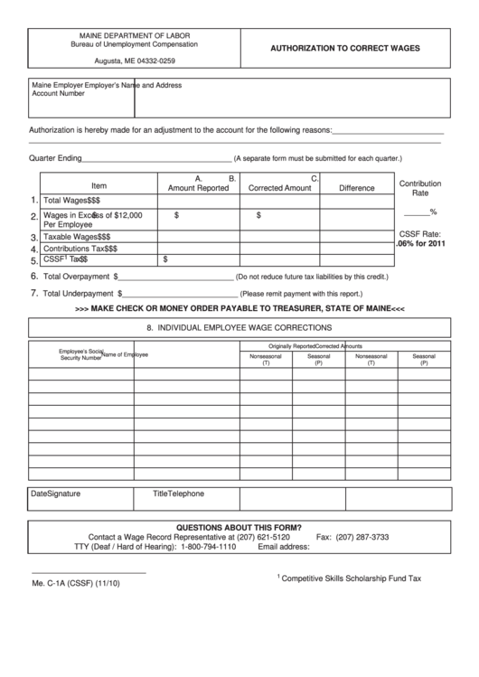 Form Me. C-1a - Authorization To Correct Wages - Maine Department Of Labor Printable pdf